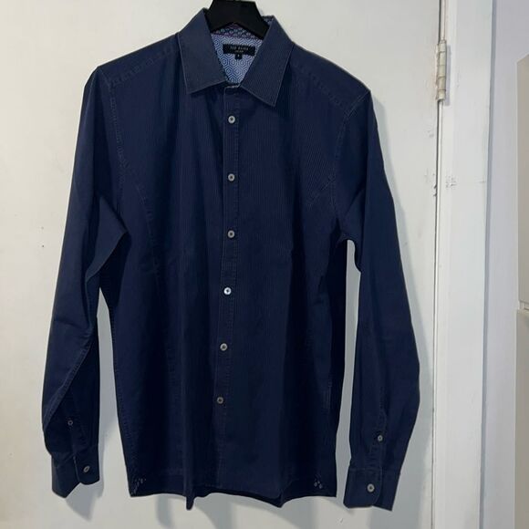 TED BAKER Navy Blue Pinstripe Ulukhot Button Up Shirt-5/XL - Picture 1 of 8